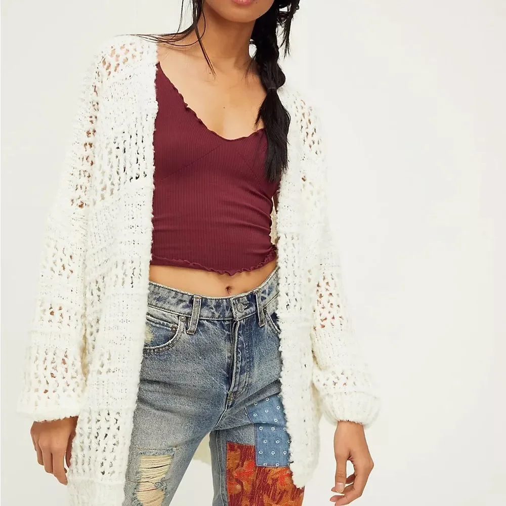 Free People Saturday Morning Cardi in Evening Cream Open-Knit Cardigan Sweater